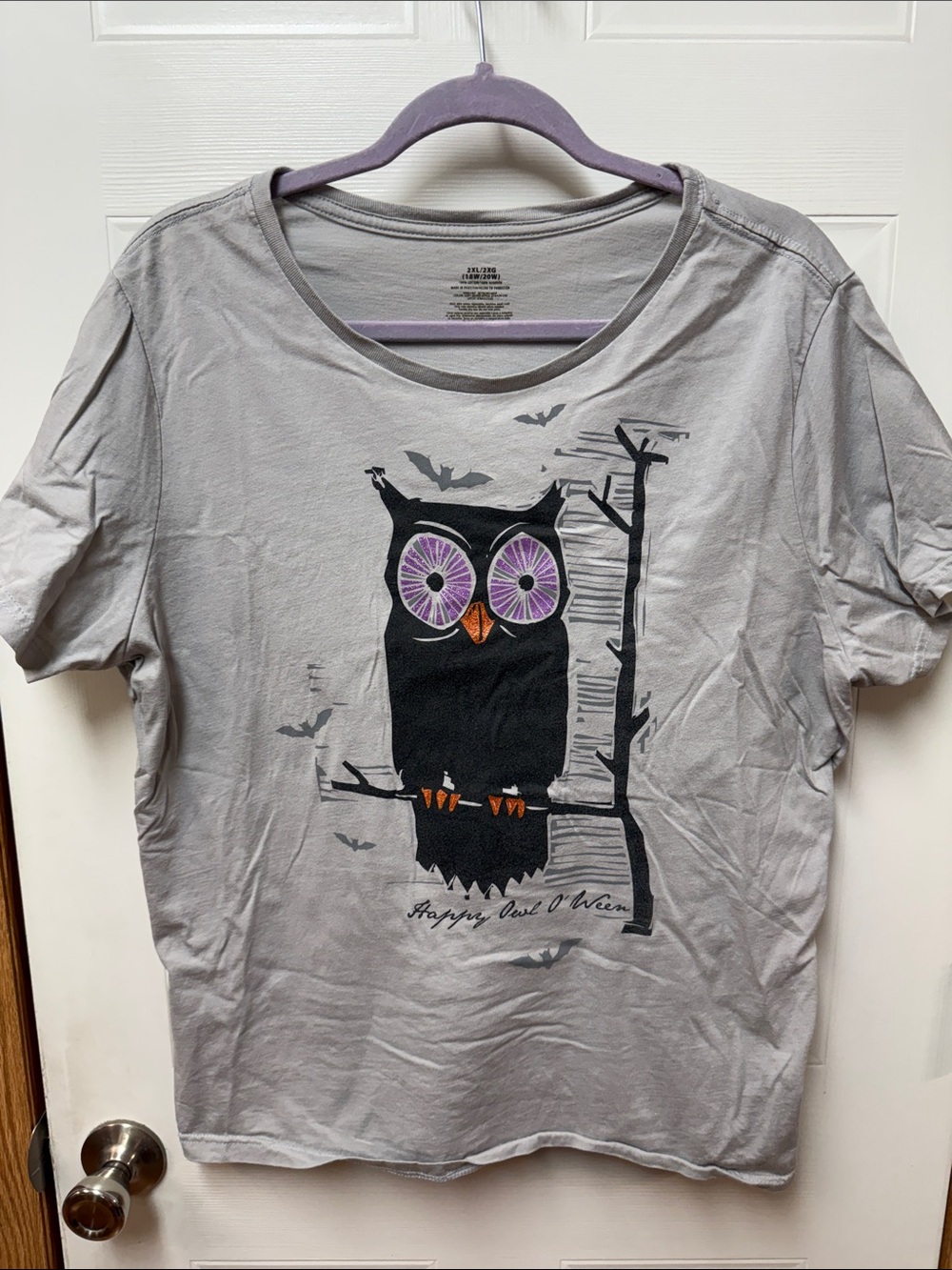 Women’s Gray Short Sleeve Owl Graphic Halloween Tee